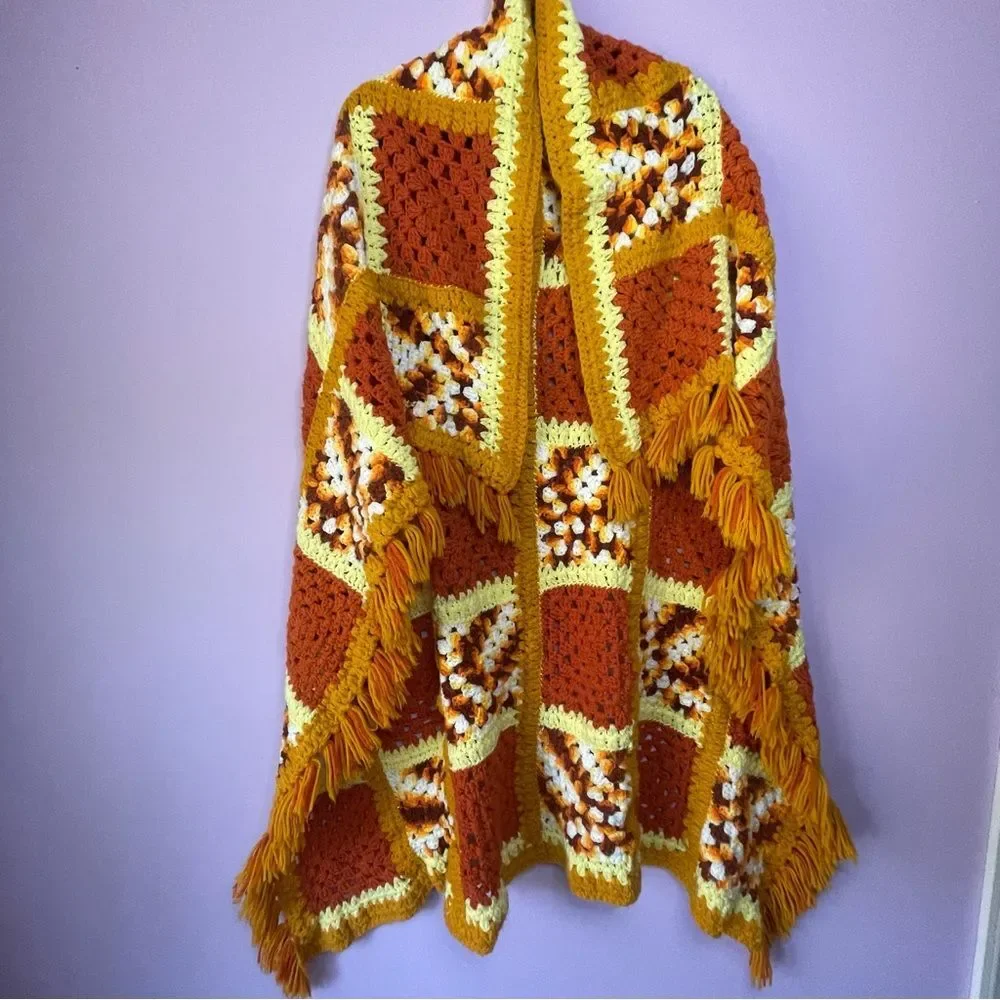 Vintage Retro Orange Granny Square Handmade Afghan Crochet Quilt Blanket Throw